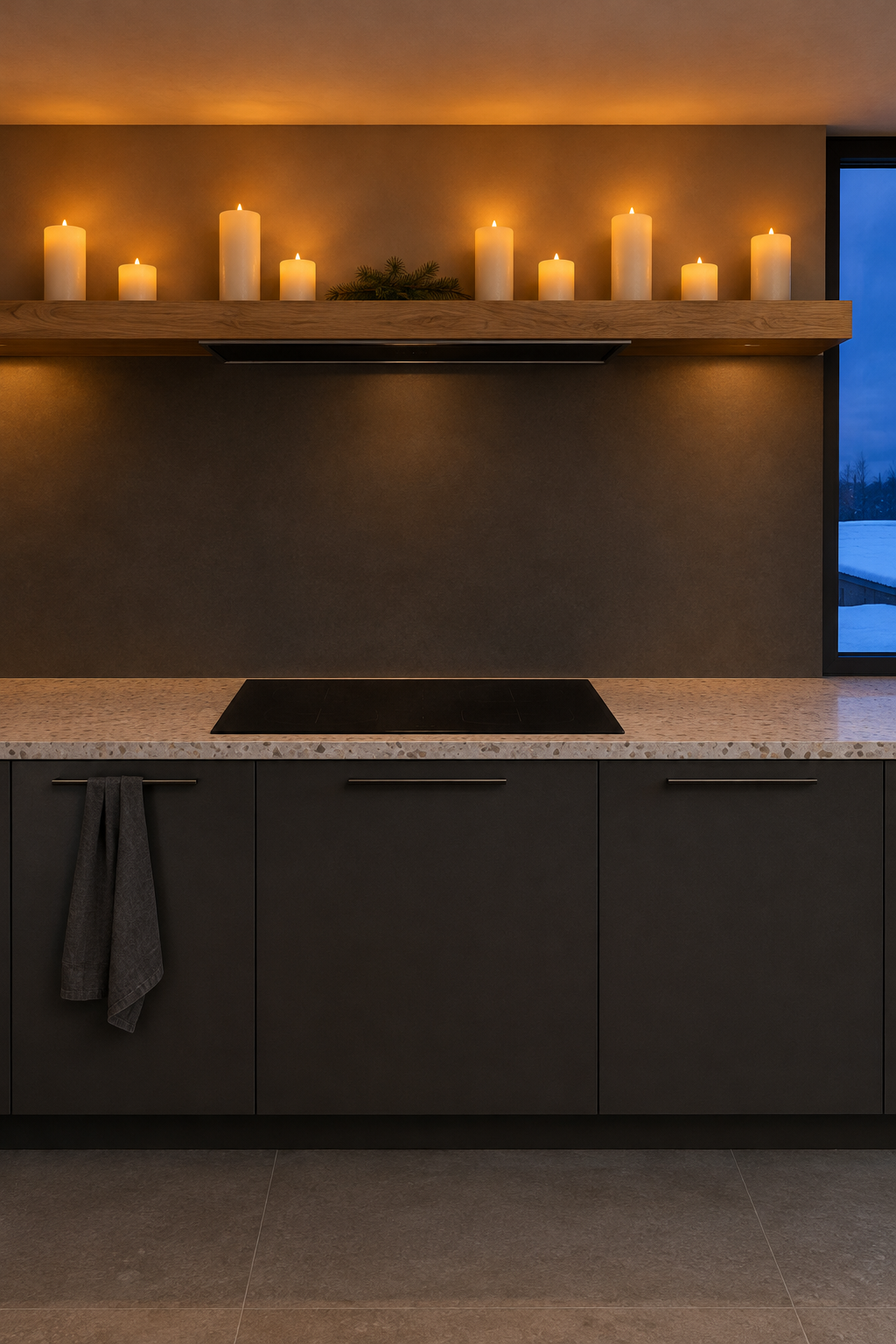 Christmas kitchen at dusk with a row of glowing flameless ivory pillar candles and a pine sprig on a wood shelf above the hood, charcoal slab cabinets and clear counters