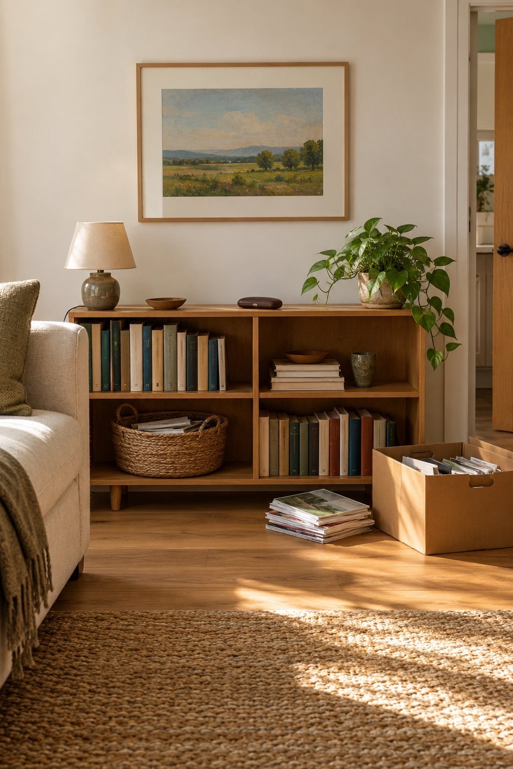 A low bookshelf with a basket of papers half emptied and a recycling box nearby in afternoon light