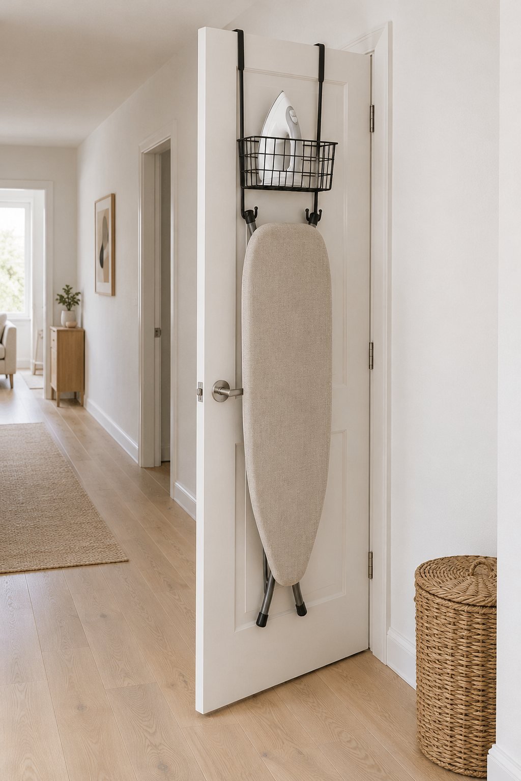 A black over-the-door ironing board hanger holding an ironing board and iron on the back of a white hallway closet door