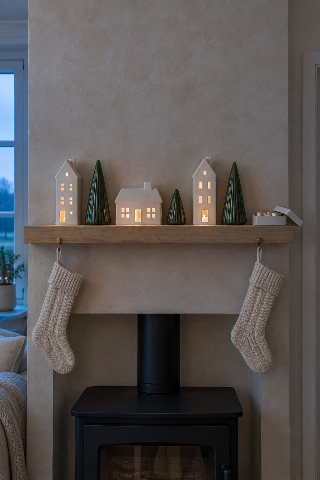 Christmas village mantel in a living room: glowing white ceramic cottages in a row, glossy green ceramic cone trees and two small ivory knit stockings
