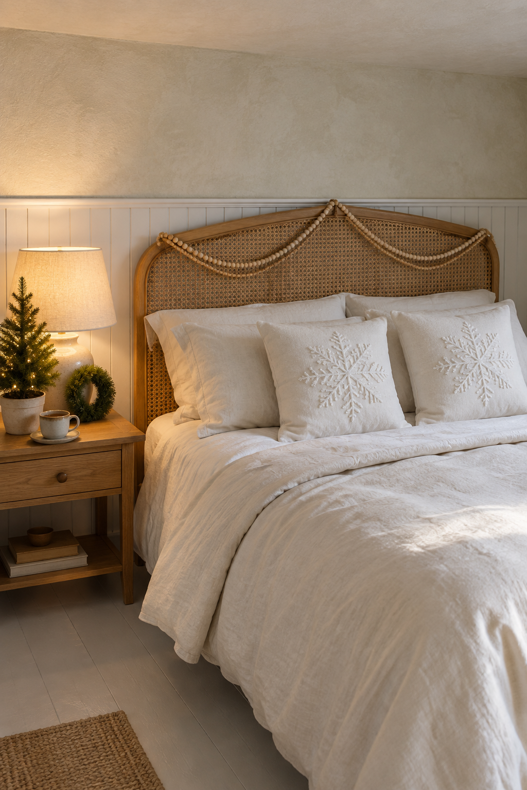 Neutral Christmas bedroom with ivory flannel sheets, two white snowflake-embroidered pillows and a natural wood bead garland draped across a cane headboard