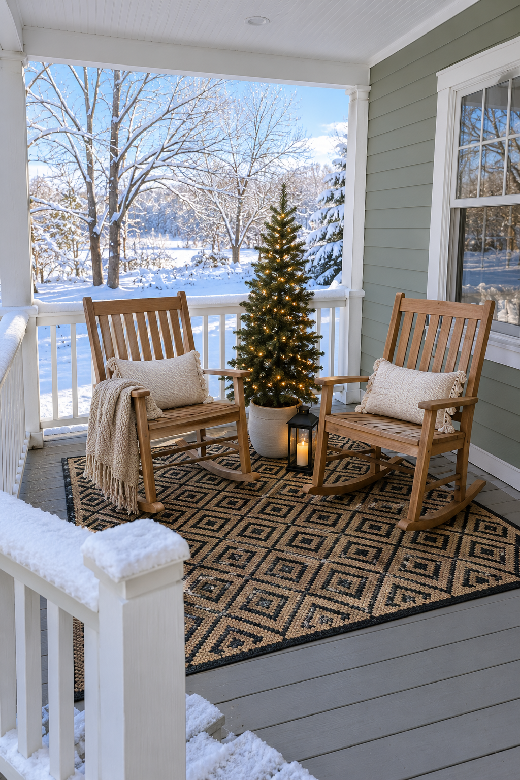 Christmas front porch seating: two natural wood rocking chairs with off-white lumbar pillows on a black and natural diamond outdoor rug, a small lit potted tree and a lantern between them