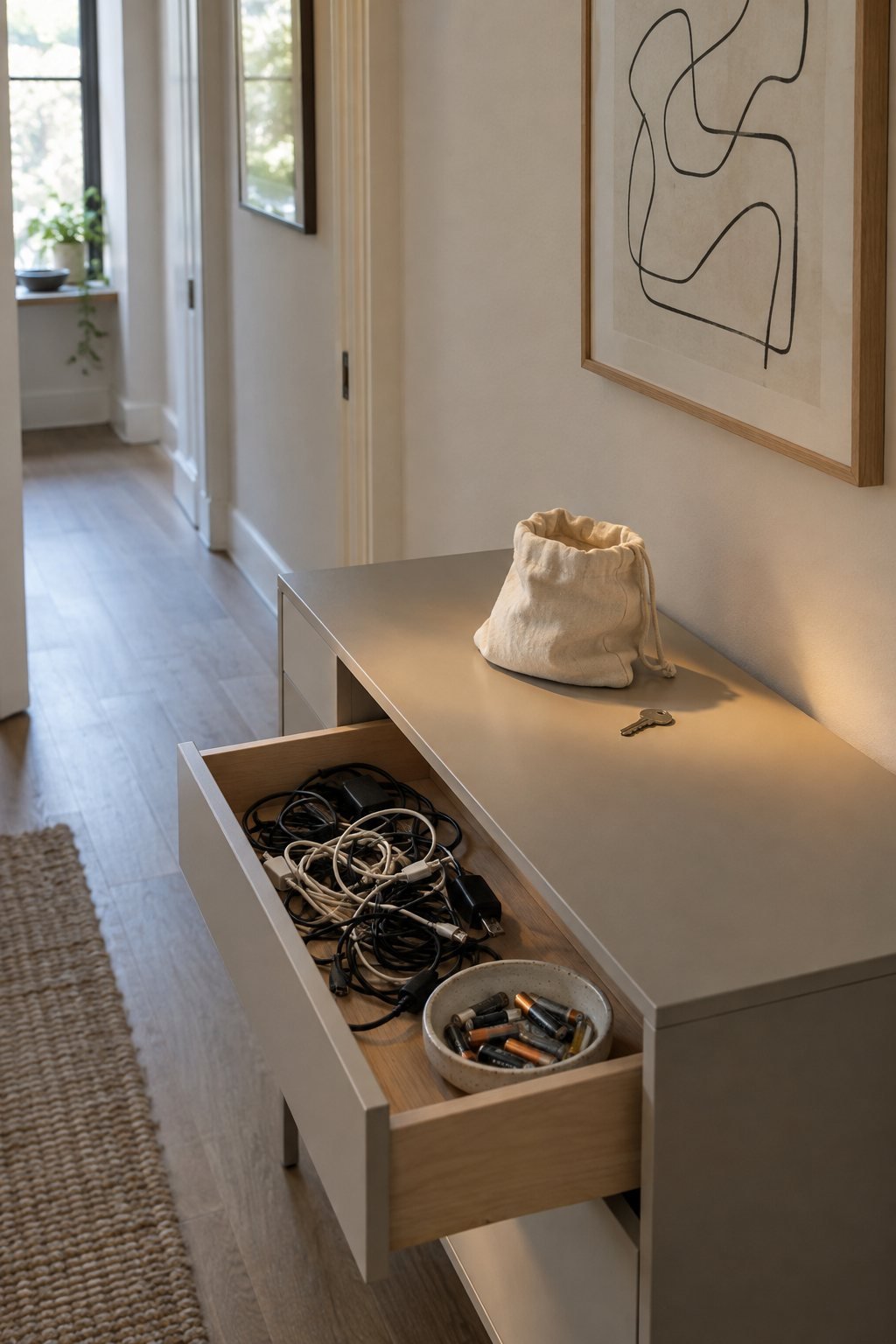 An open cabinet drawer with coiled cords and a small bag set aside in side light