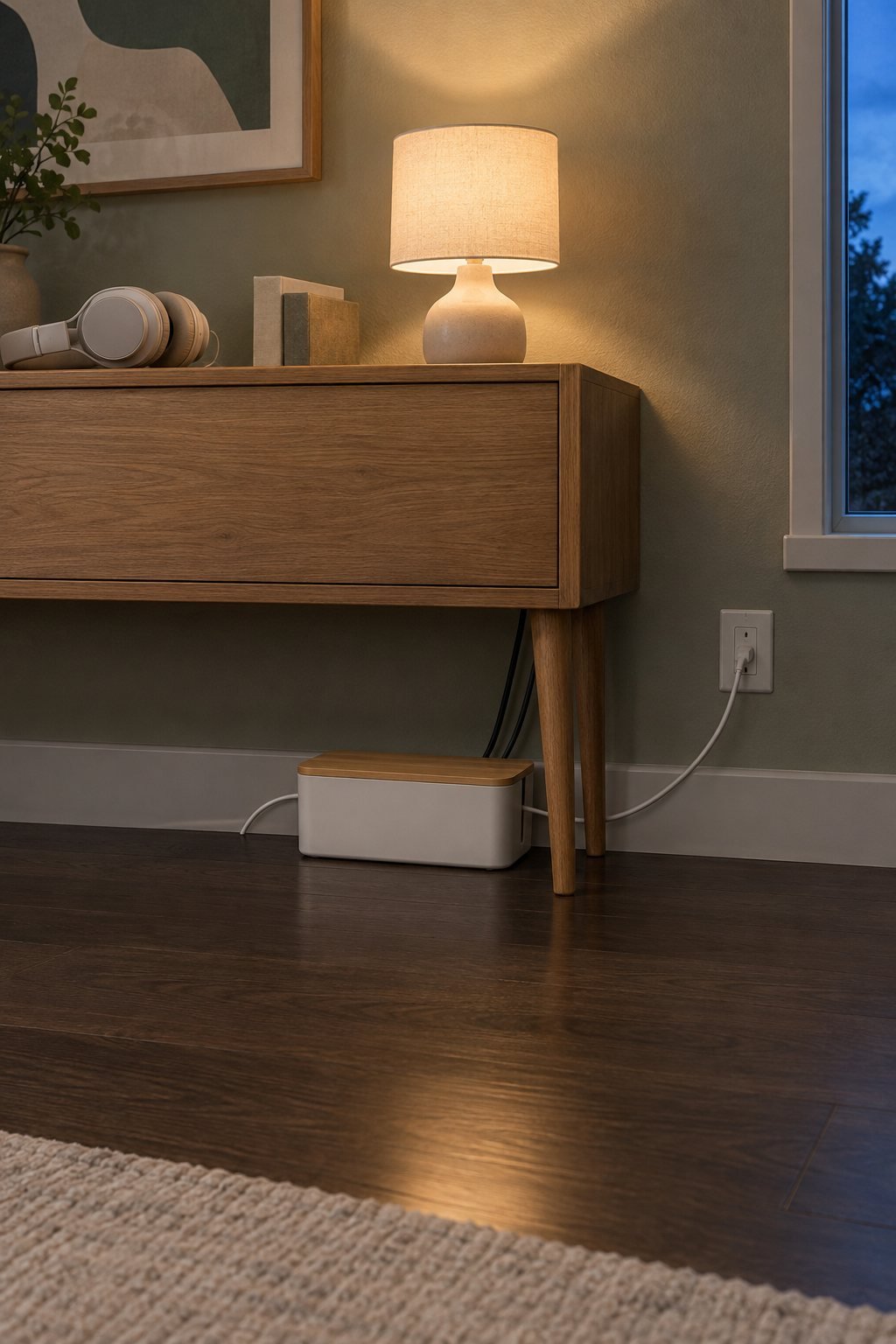 Living room cable organization with a small white cable management box with a bamboo lid on the floor beside a low oak media console