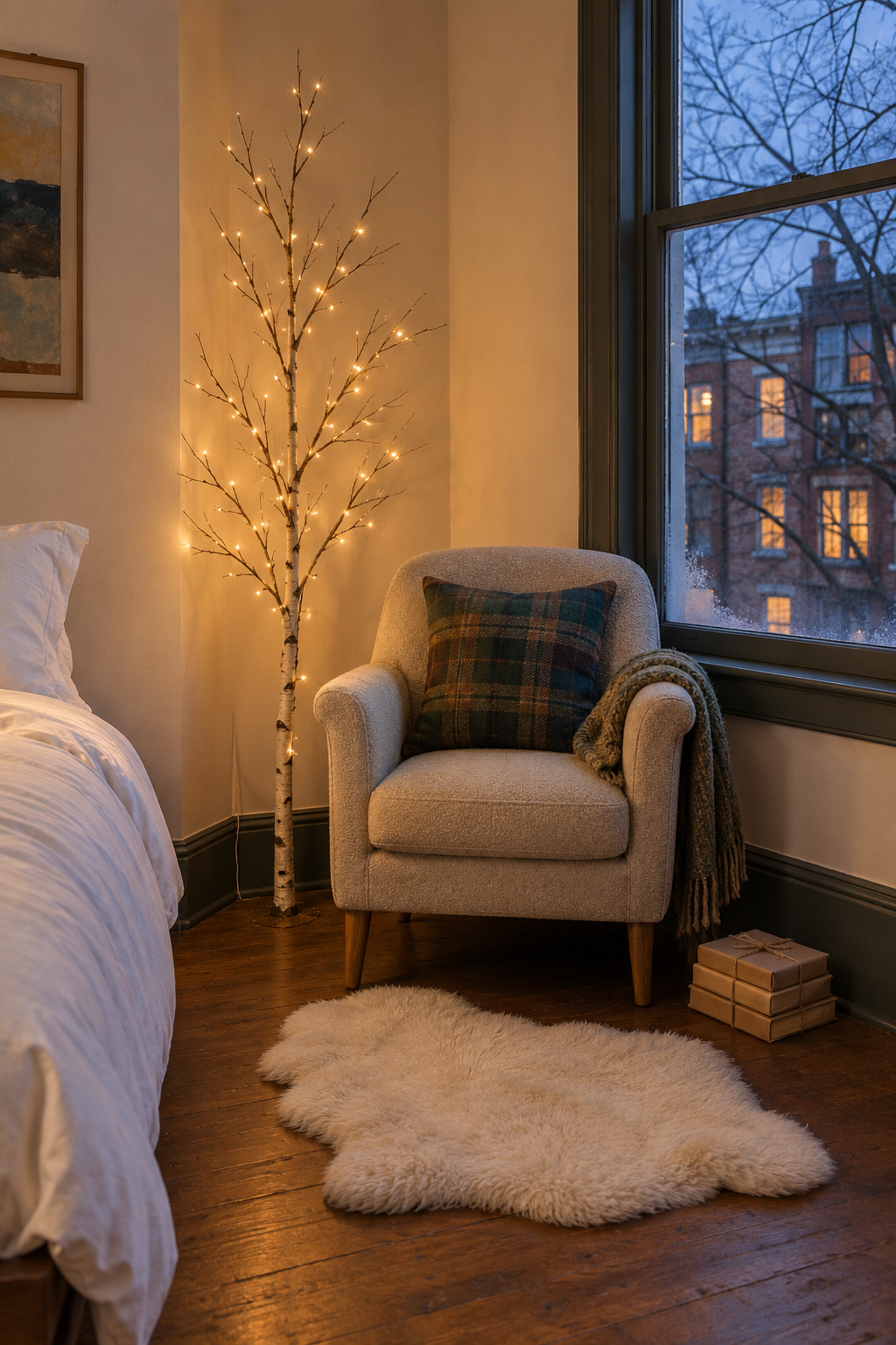 Christmas bedroom corner with a lit four foot birch twig tree, an ivory faux sheepskin rug and a green wool plaid pillow on a reading chair by the window