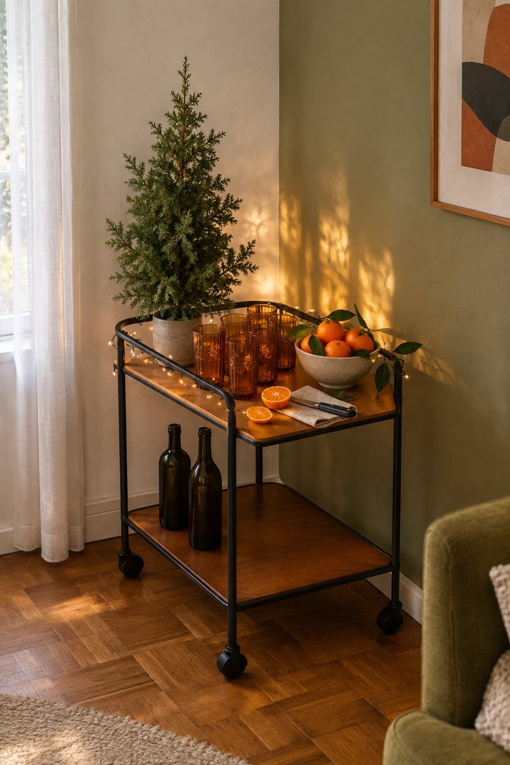 Christmas bar cart in a living room corner: a small potted faux cedar tree, ribbed amber highball glasses, a bowl of clementines and warm micro lights on the rail