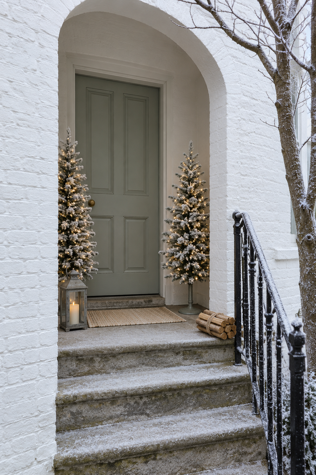 White Christmas porch decor on a townhouse entry: two lit 3 foot flocked trees beside a pale door in a recessed doorway, a weathered zinc lantern and a pale jute doormat, frost on the iron railing