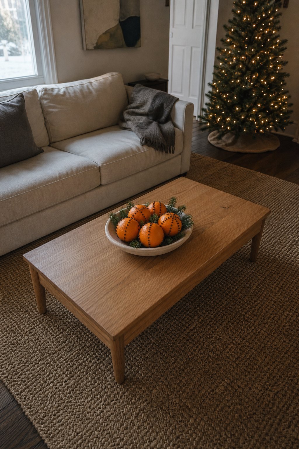 Clove studded orange pomanders piled in a pale beech wood bowl with faux cedar sprigs on a living room coffee table at Christmas