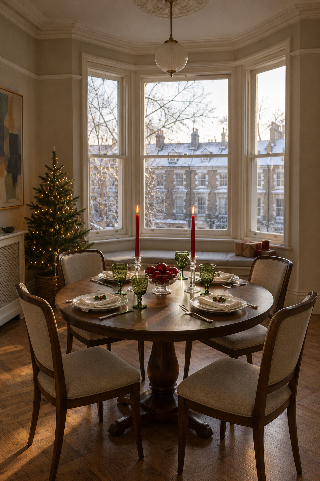Vintage style Christmas table decor with green pressed glass goblets, tall clear glass candlesticks with red taper candles, cream lace trim napkins with holly and a bowl of red glass ornaments on a round table