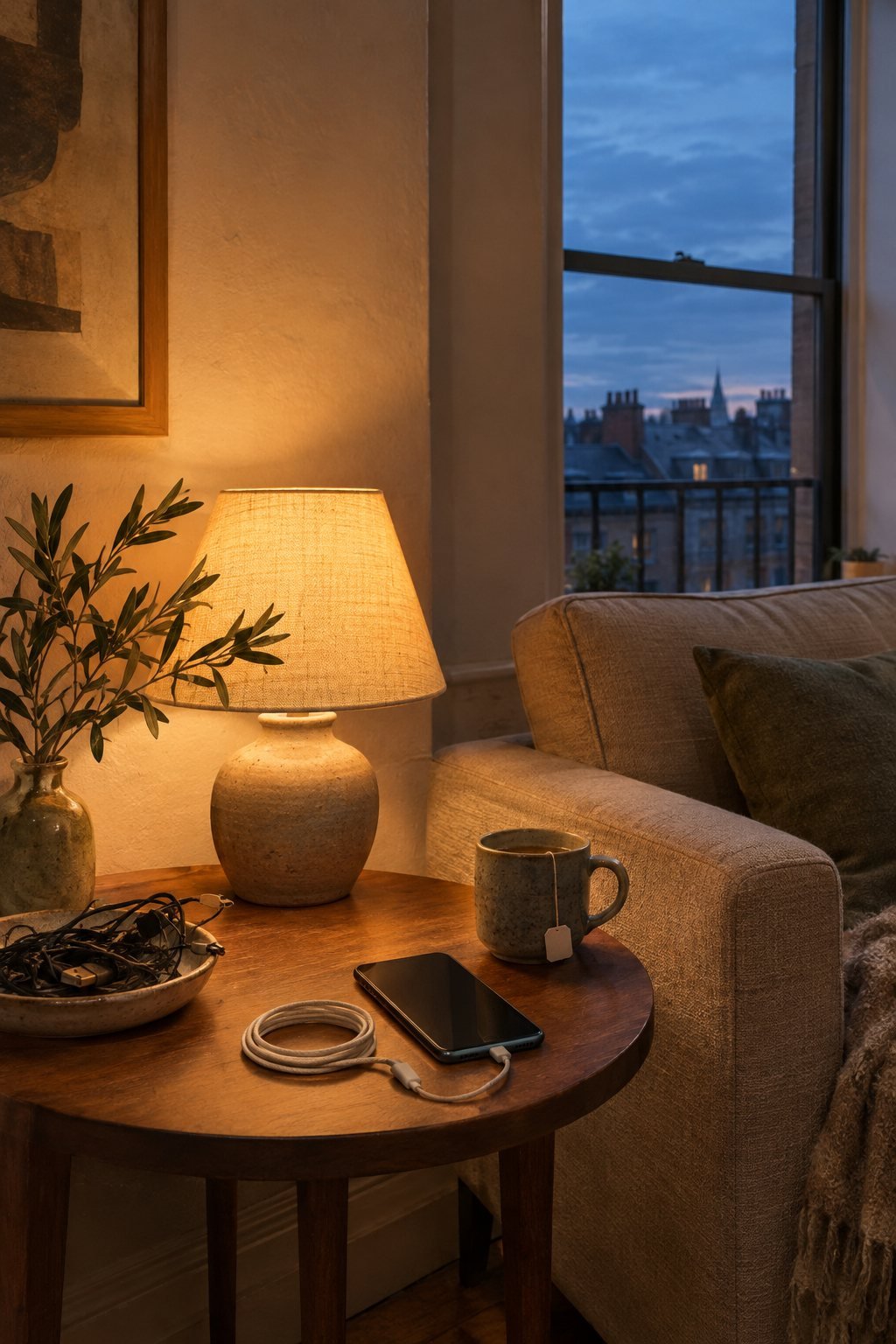 A side table beside a sofa with one white braided cable and a small pile of old cables set aside in warm lamp light and dusk window light