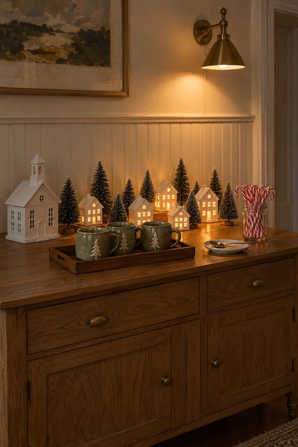 Christmas hot cocoa station on a dining room sideboard with a lighted white ceramic village, a white ceramic schoolhouse and sage green mugs on a tray