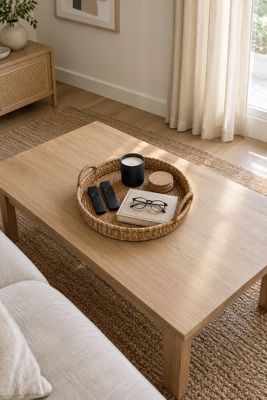 Coffee table organization with a round natural rattan tray holding remotes, coasters, a candle and a book on a wood table over a jute rug