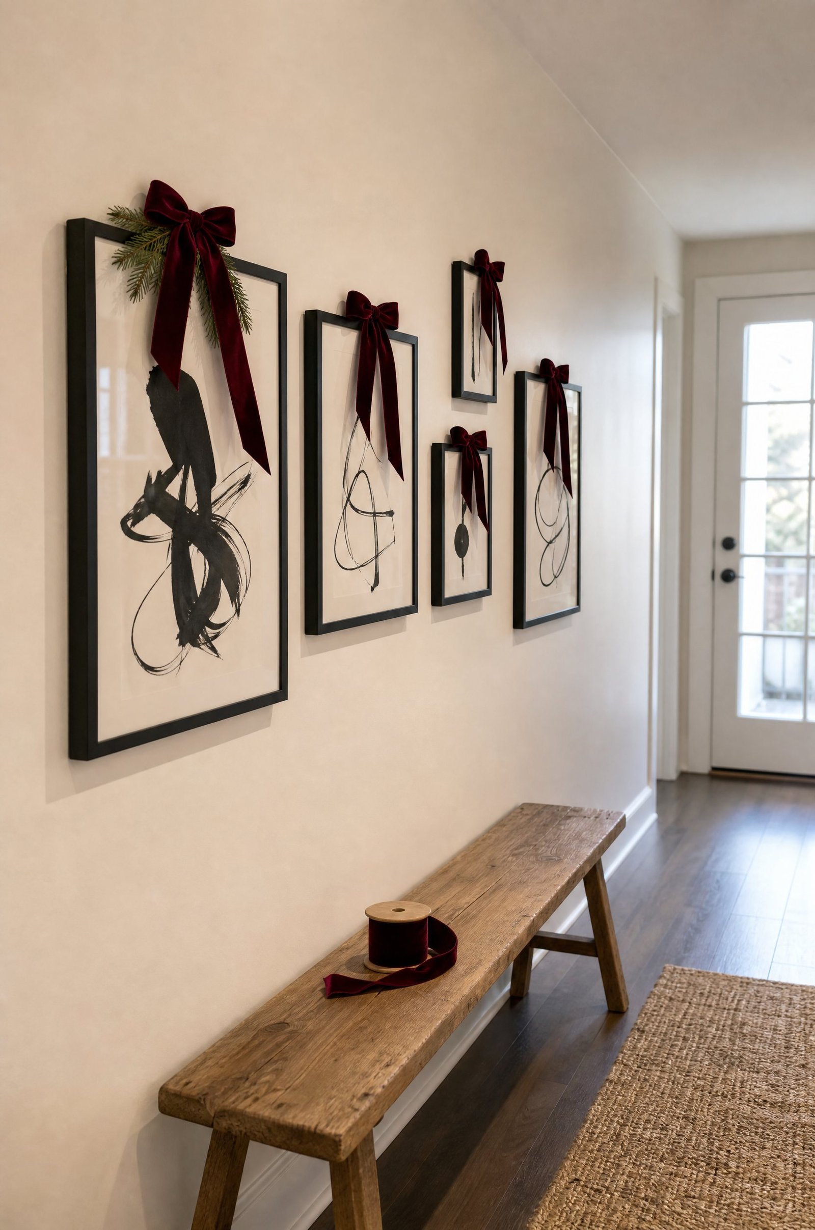 Burgundy velvet bows with long tails fixed to the top of black picture frames on a hallway gallery wall, a cedar sprig behind the largest bow