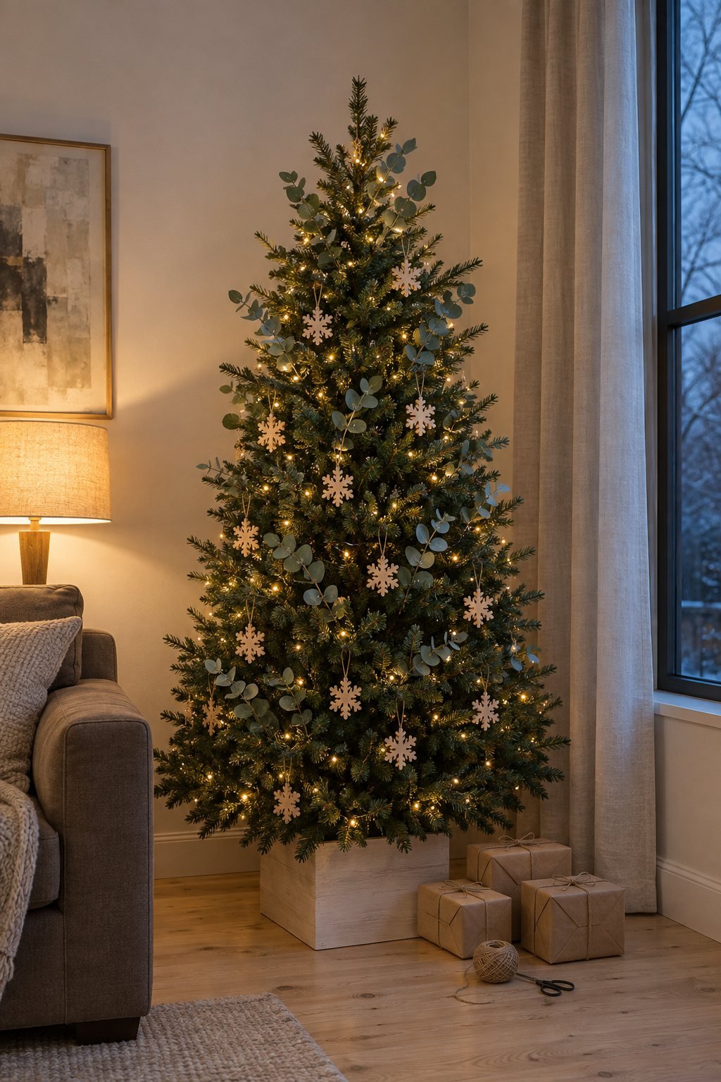 Christmas tree beside a living room sofa: a lit green tree with dusty green eucalyptus stems, natural wooden snowflake ornaments and a washed white wooden tree collar
