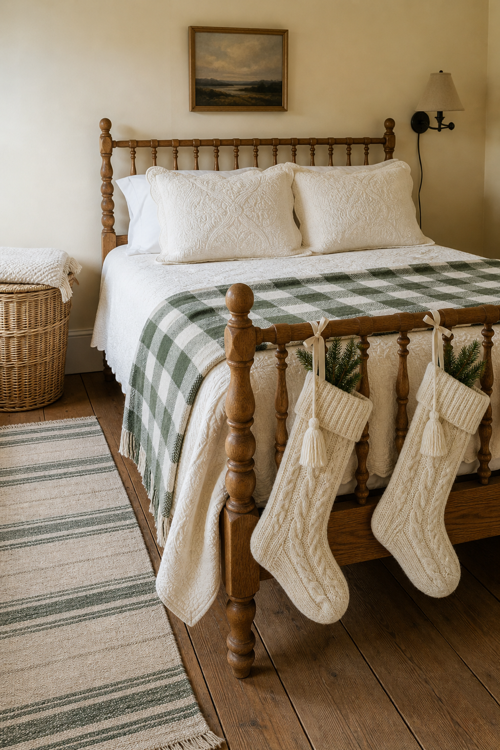 Christmas bedroom with two ivory cable knit stockings tied to an oak spindle footboard, a green and ivory plaid throw and a cream matelasse quilt