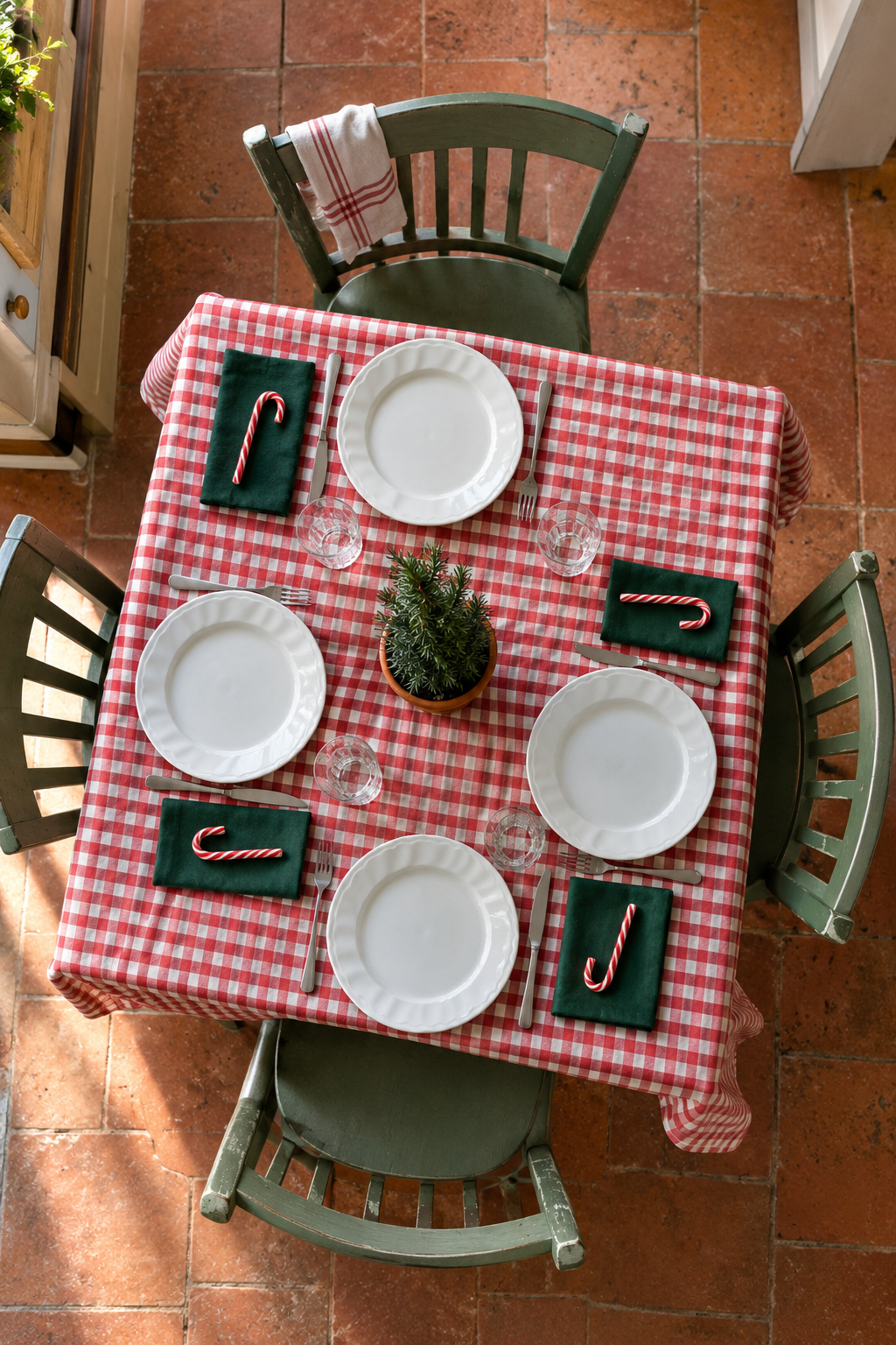 Christmas table decor in a kitchen with a red and white gingham cotton tablecloth, white plates with a wavy textured rim, pine green linen napkins, a potted rosemary tree and candy canes