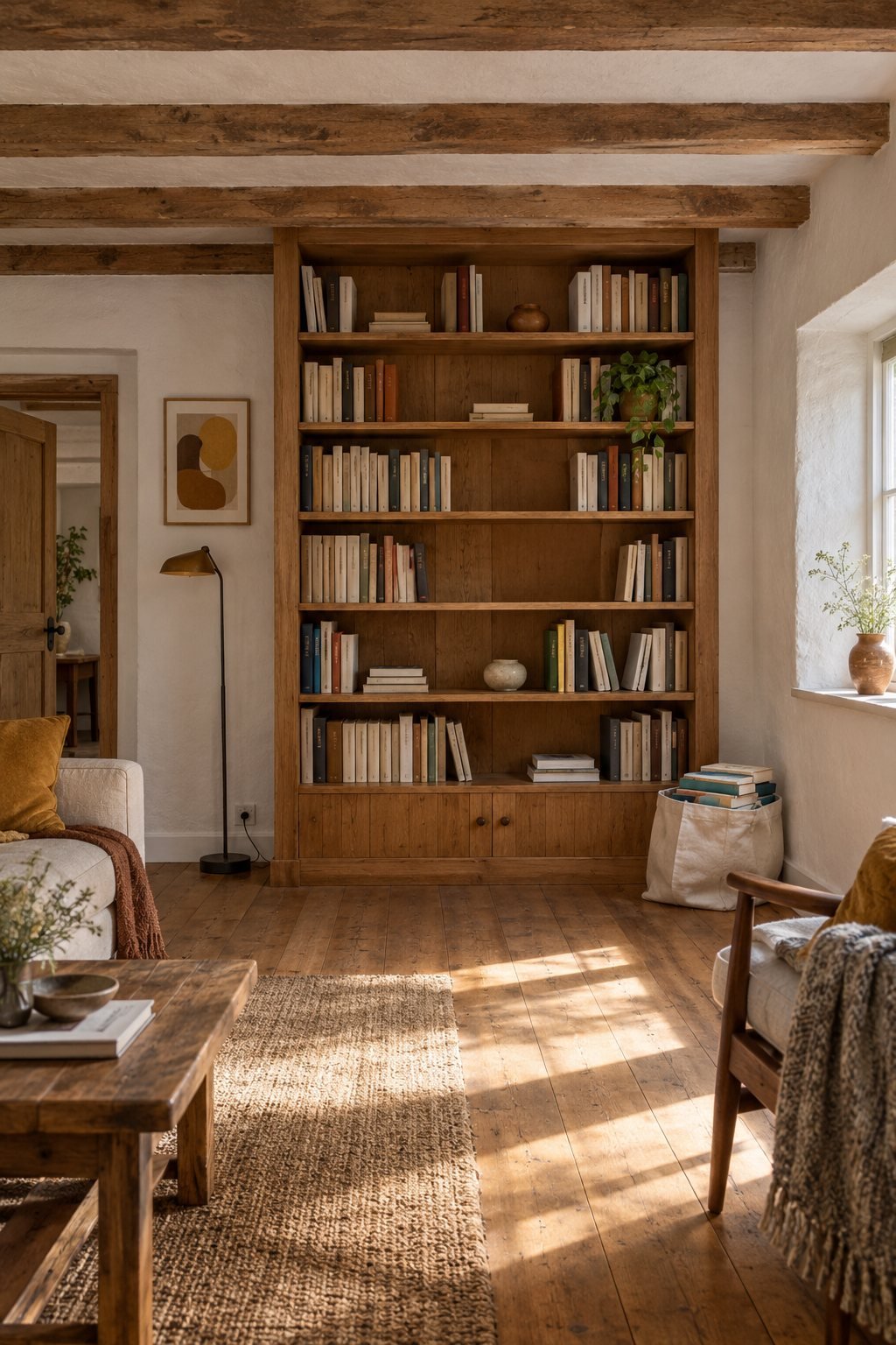 A wall bookshelf with a gap on one shelf and a tote of books beside it with no legible spines in afternoon light