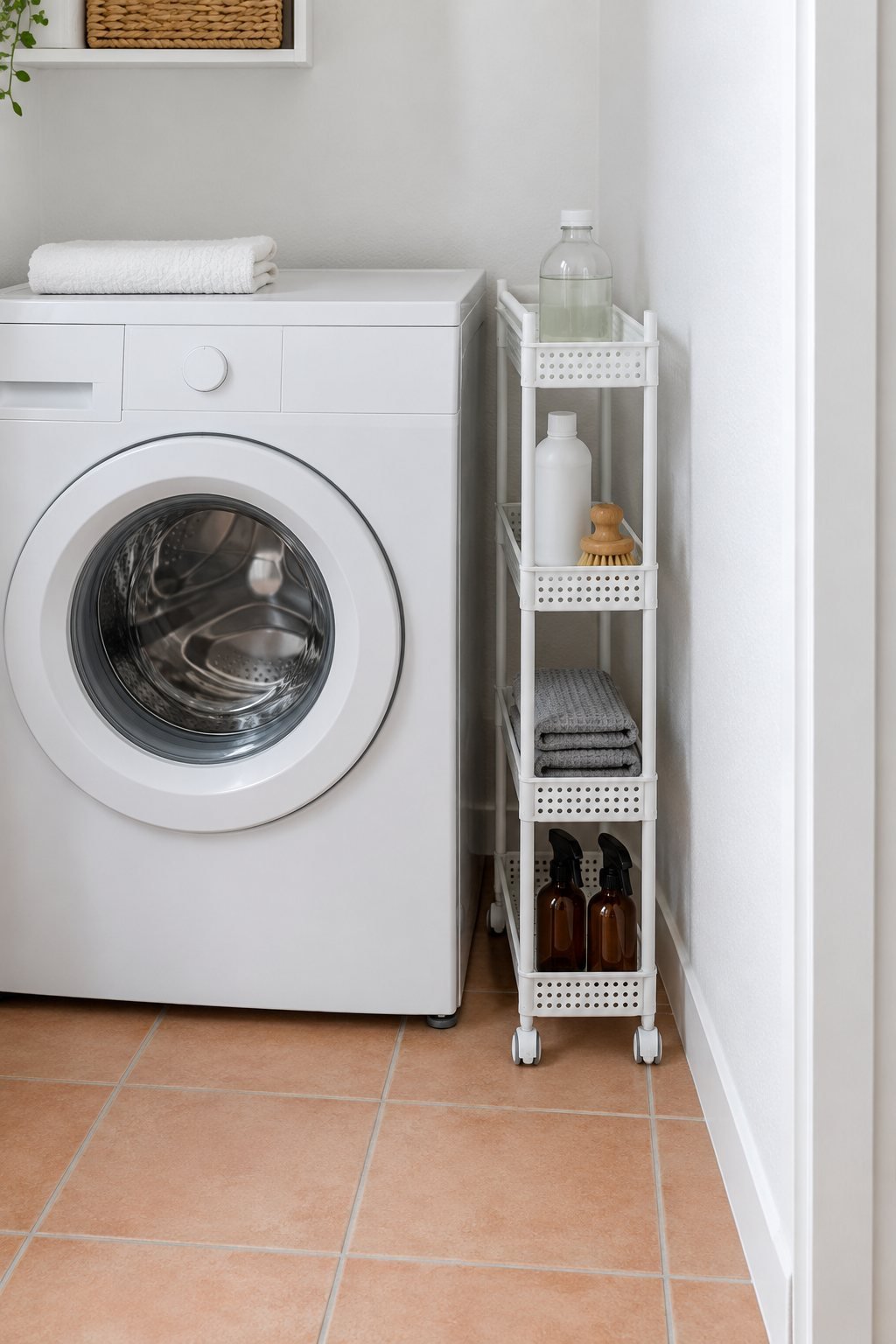 Laundry organization with a slim white four-tier rolling cart pulled from the narrow gap beside a washer, holding plain bottles and folded cloths