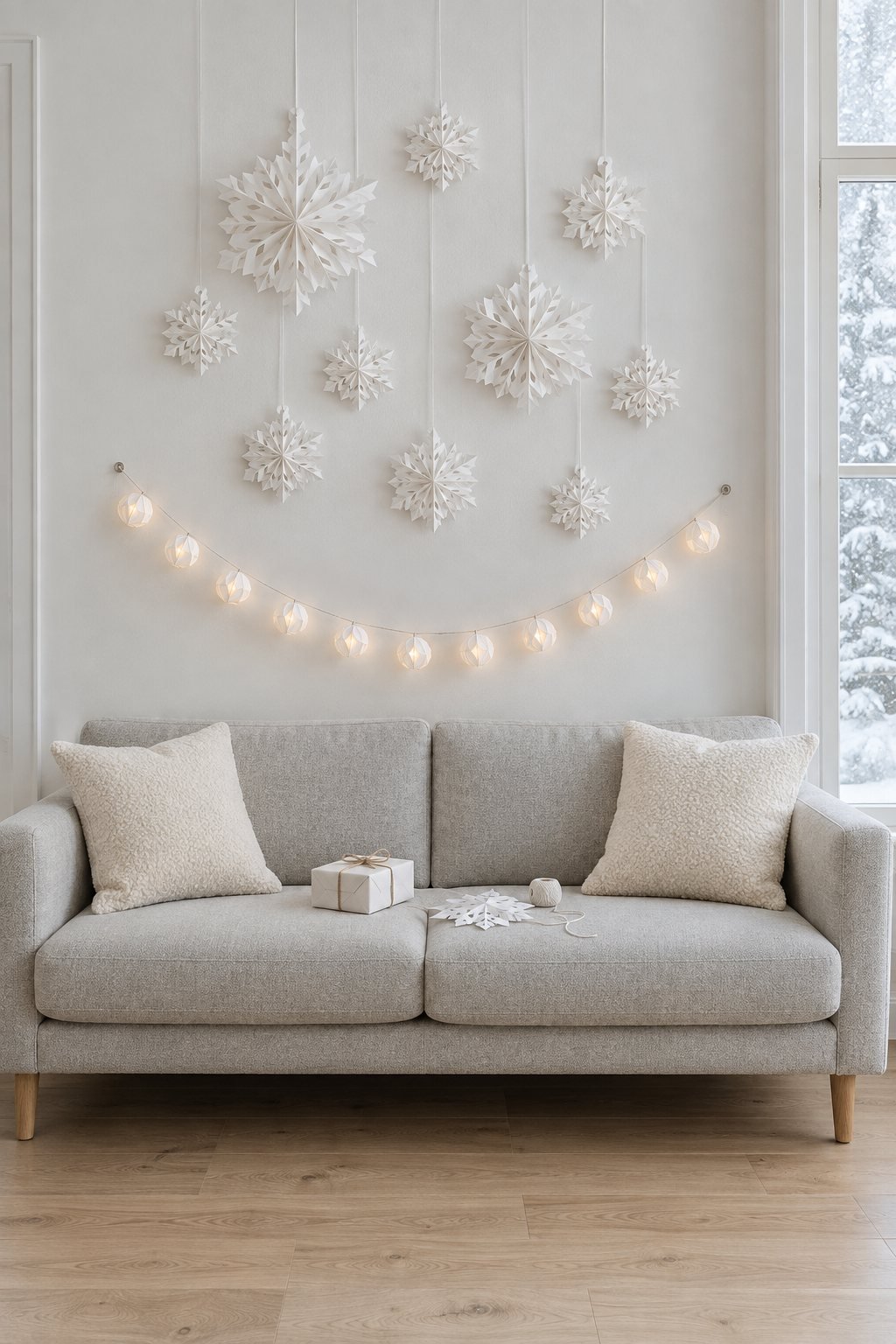 White Christmas living room sofa wall: 3D paper snowflakes hung at staggered heights, a lit string of white paper lights and ivory boucle pillows on the sofa