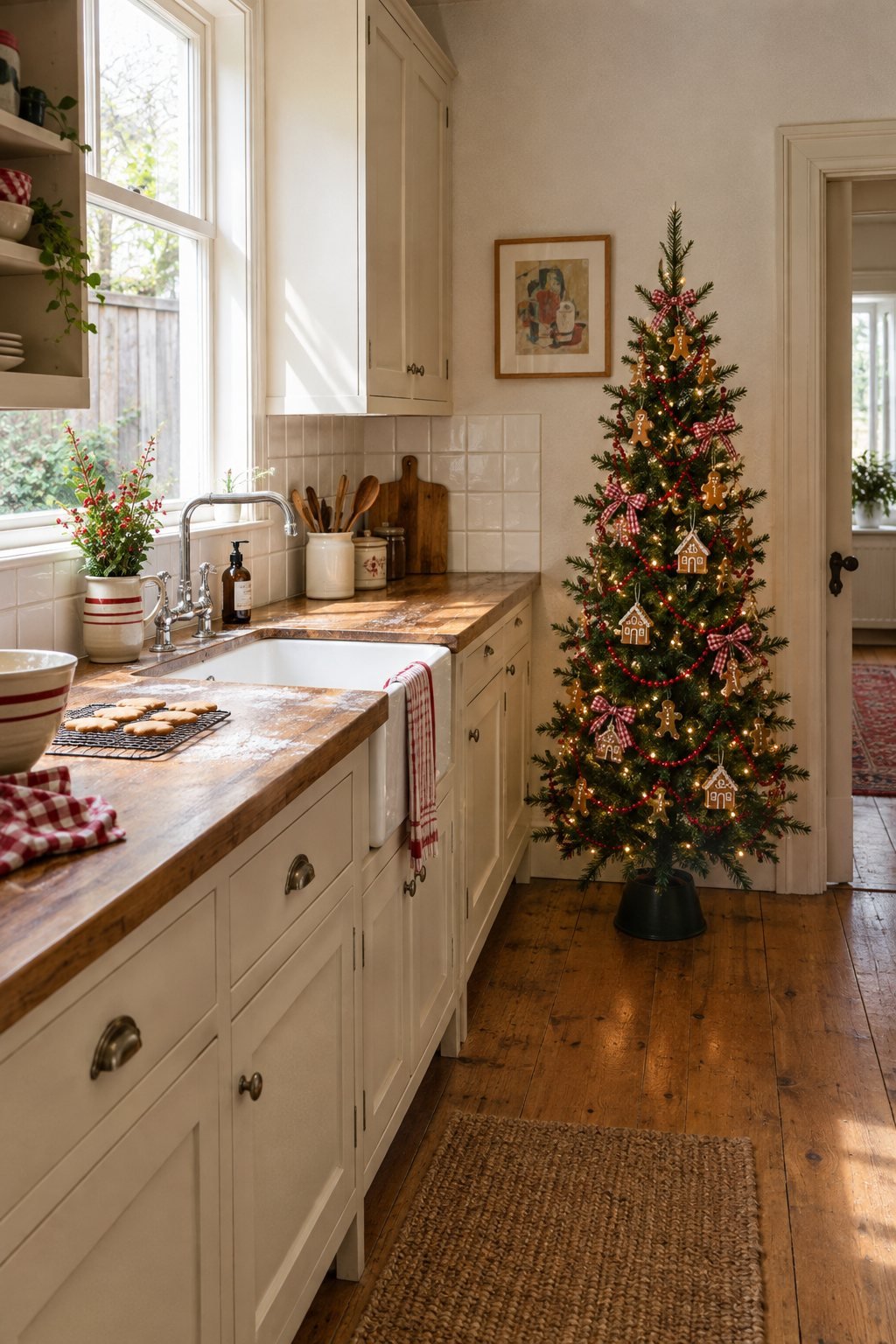 Small kitchen Christmas tree with a red wood bead cranberry garland, gingerbread man and house ornaments and red and white buffalo check bows