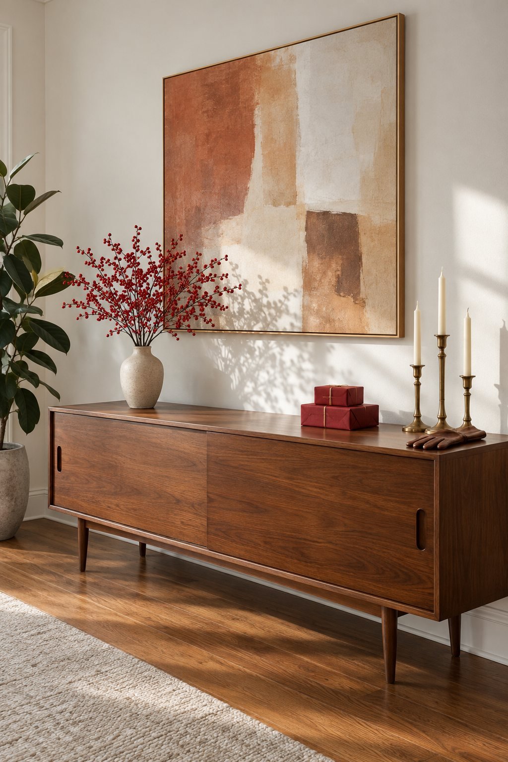 Christmas living room credenza in red and brass: red berry stems in a sandstone white ceramic vase and three antique brass candlesticks with ivory tapers