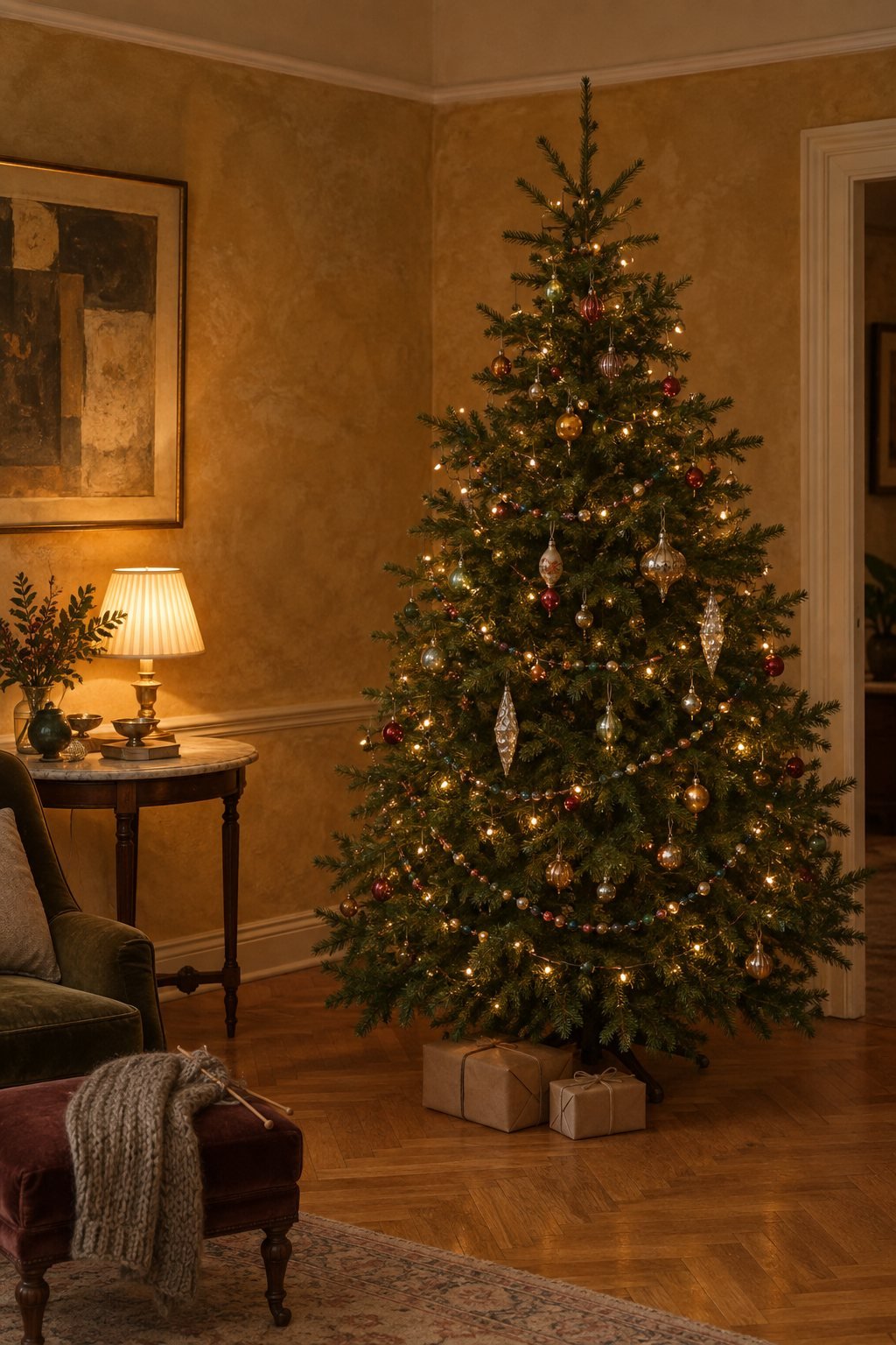 Vintage glass Christmas tree idea in a prewar sitting room with silver mercury glass ornaments, an etched silver onion ornament and a colorful glass bead garland