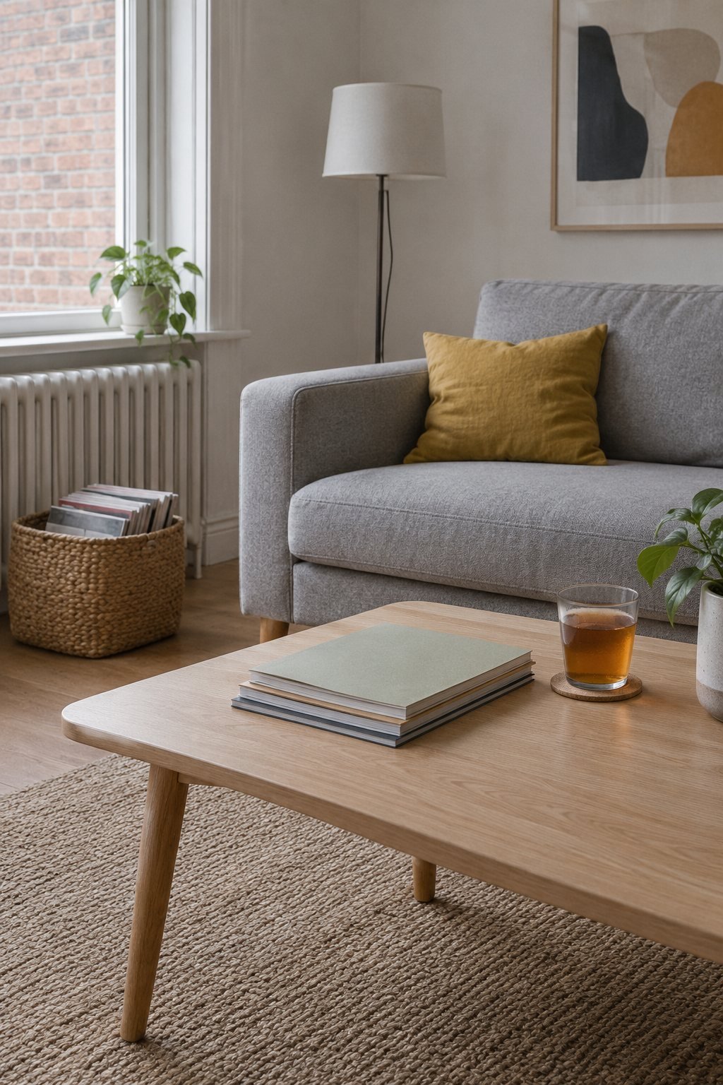 A coffee table and sofa with a short stack of plain magazines and a recycling bin beside it in soft window light
