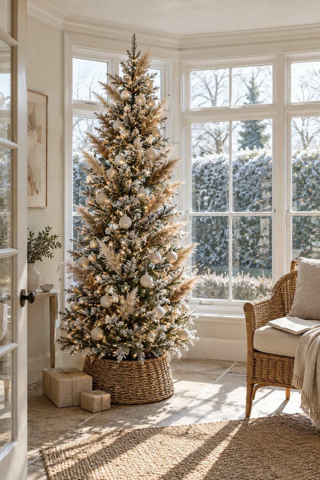 Neutral Christmas tree decor idea in a sunroom: slim flocked tree with faux pampas grass stems, cream velvet baubles and a braided wicker tree collar