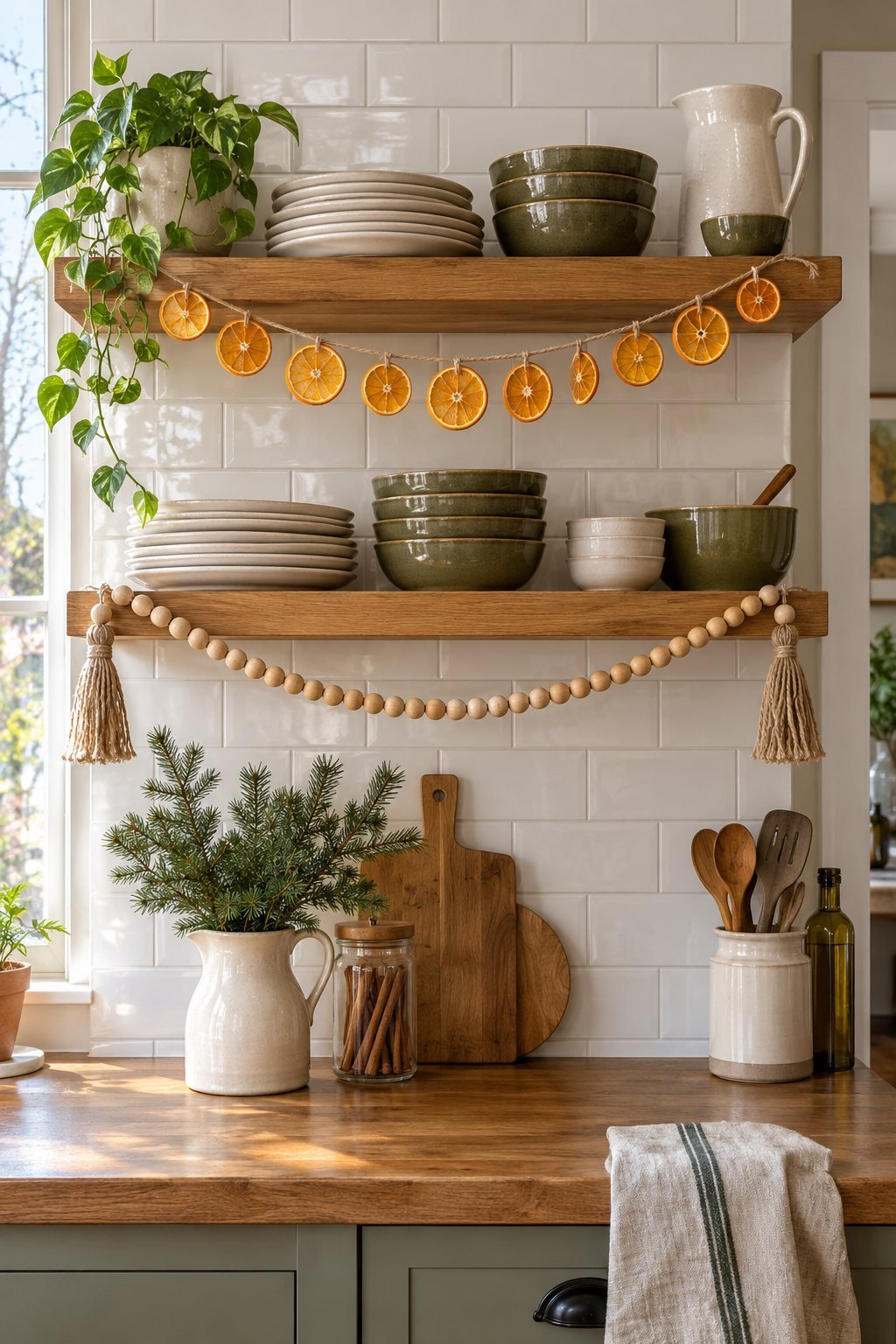 Christmas kitchen open shelves decorated with a dried orange slice garland and a natural wood bead garland with tassels above cream dishes