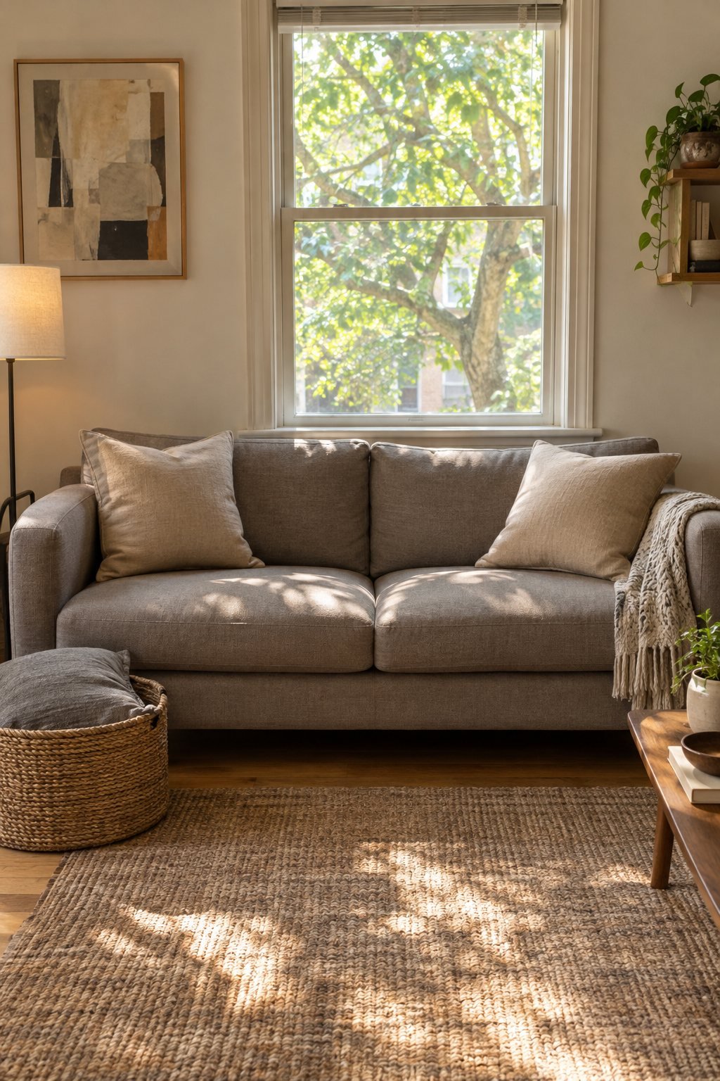 A sofa in a small apartment with two plump beige linen pillows and one flat pillow set aside in a basket in soft afternoon light