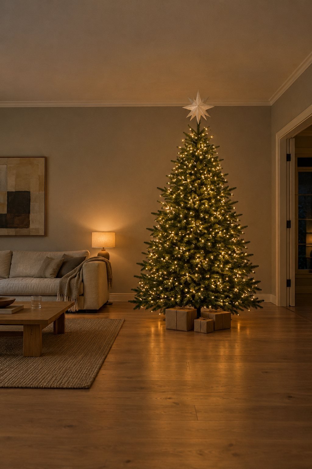Lights-only Christmas tree idea in an open plan living room: tall lit Fraser fir with dense warm white lights, no ornaments and a large white paper star at the top