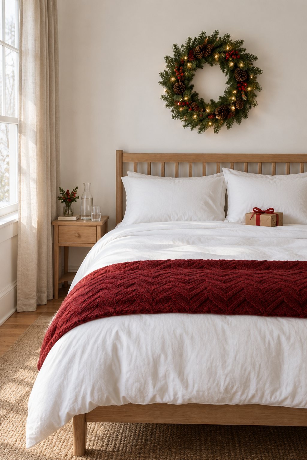 Christmas guest bedroom with a white percale duvet cover, a red chevron knit throw at the foot of the bed and a lit spruce wreath with pinecones and red berries above the headboard