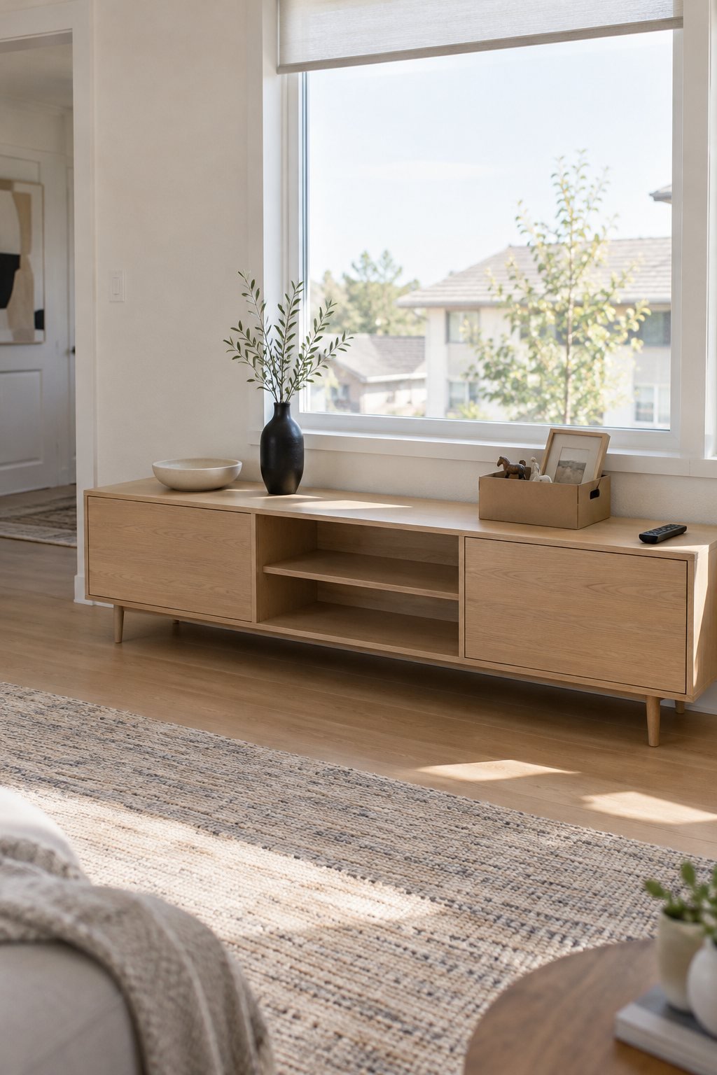 A media console half clear with a few objects in a small box beside it in morning light