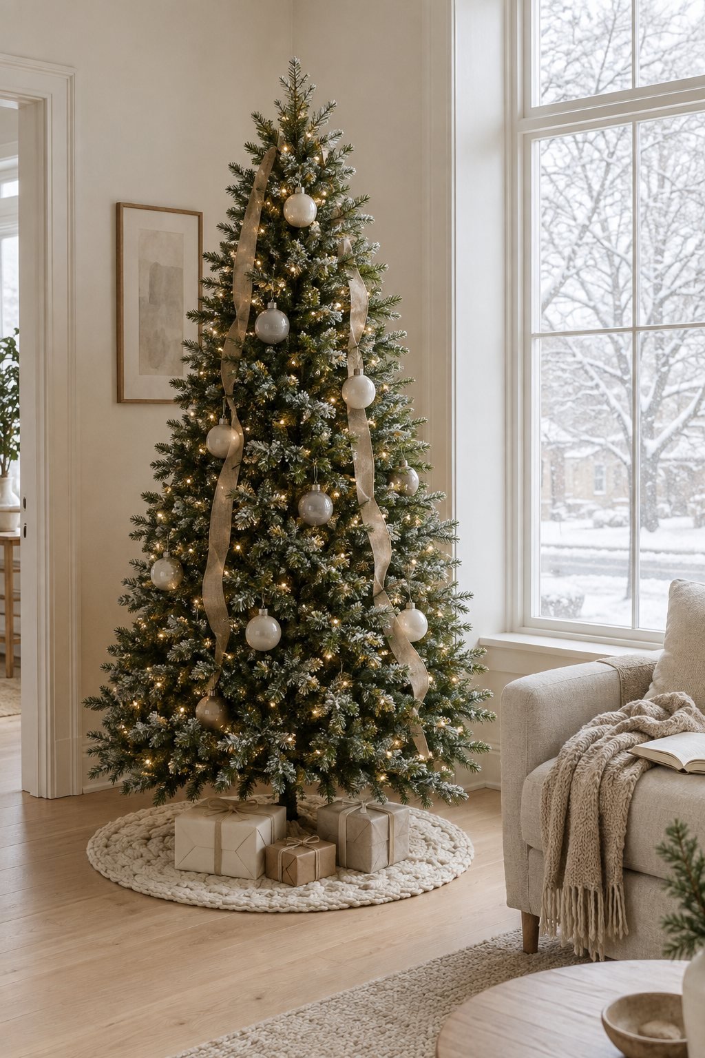 Soft neutral Christmas tree idea in a calm living room with tonal neutral glass ornaments, tan linen-look ribbon and an ivory cable knit tree skirt