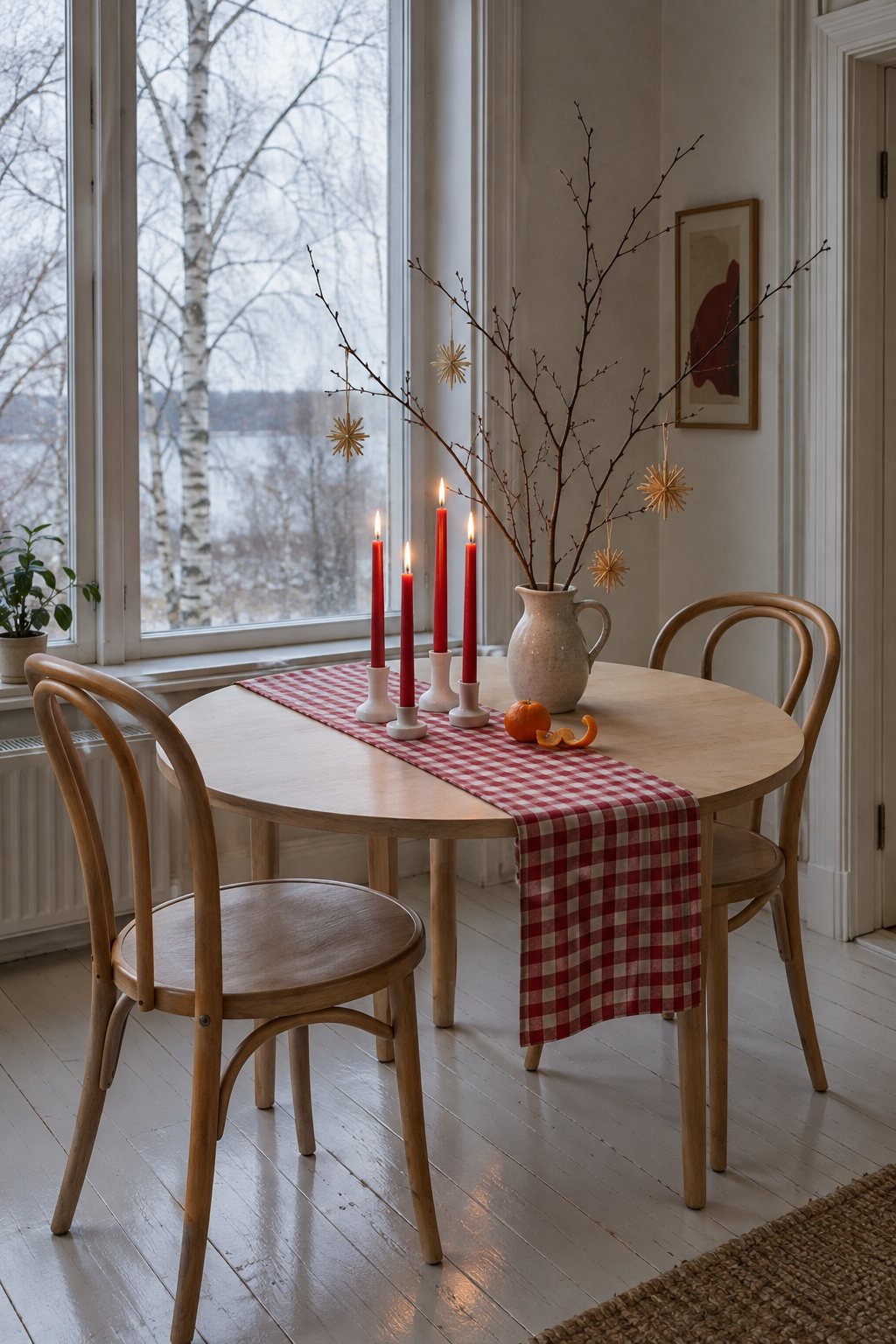 Scandinavian Christmas dining nook with a red and white gingham table runner, red taper candles and bare branches in a jug on a small round table