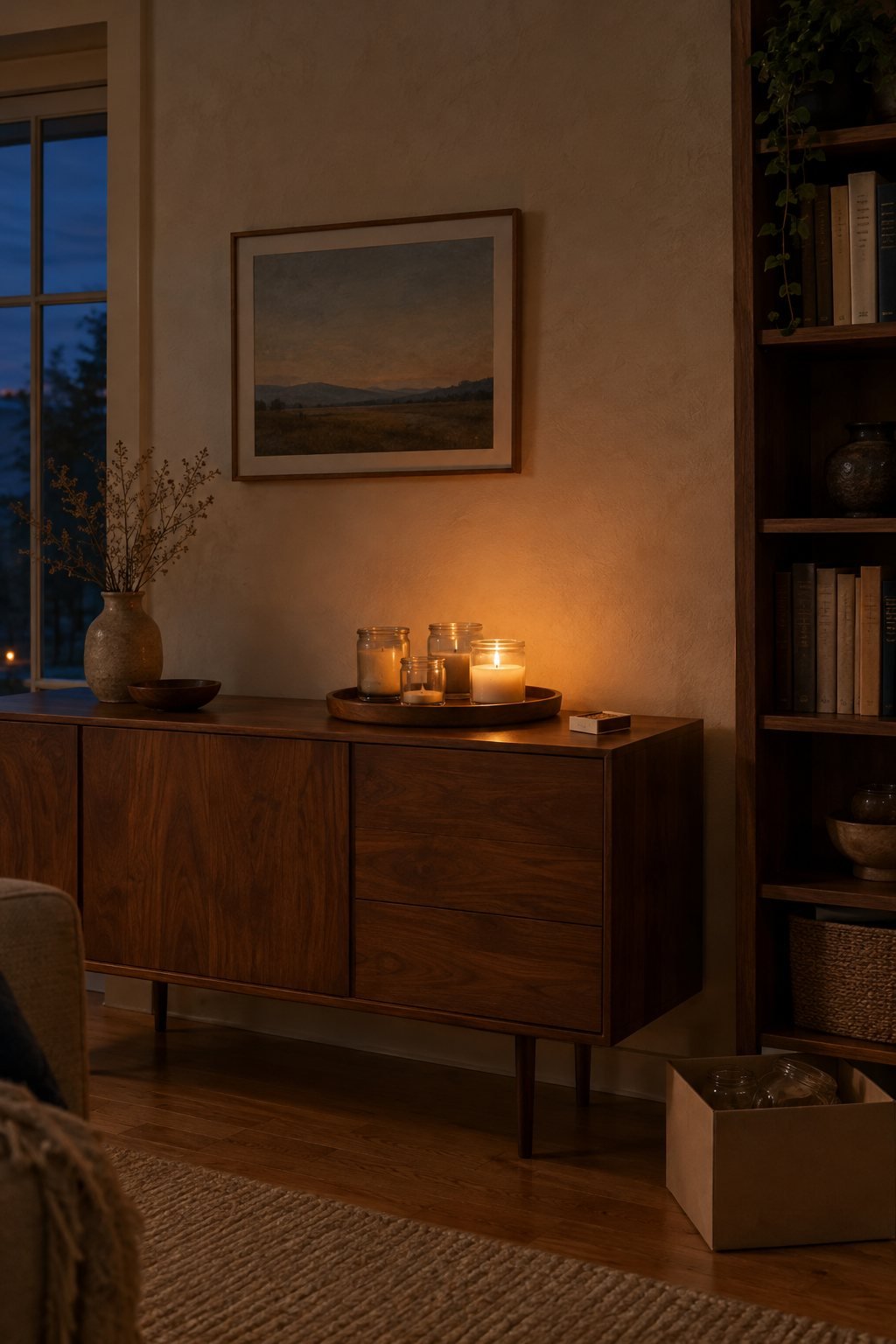 A shelf tray with a few candle jars and one nearly spent, with a small recycling box nearby in warm low light