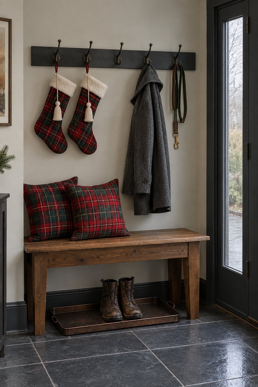 Christmas entryway bench with red and green plaid stockings hanging from coat hooks, plaid cushions on the bench and a dark copper boot tray