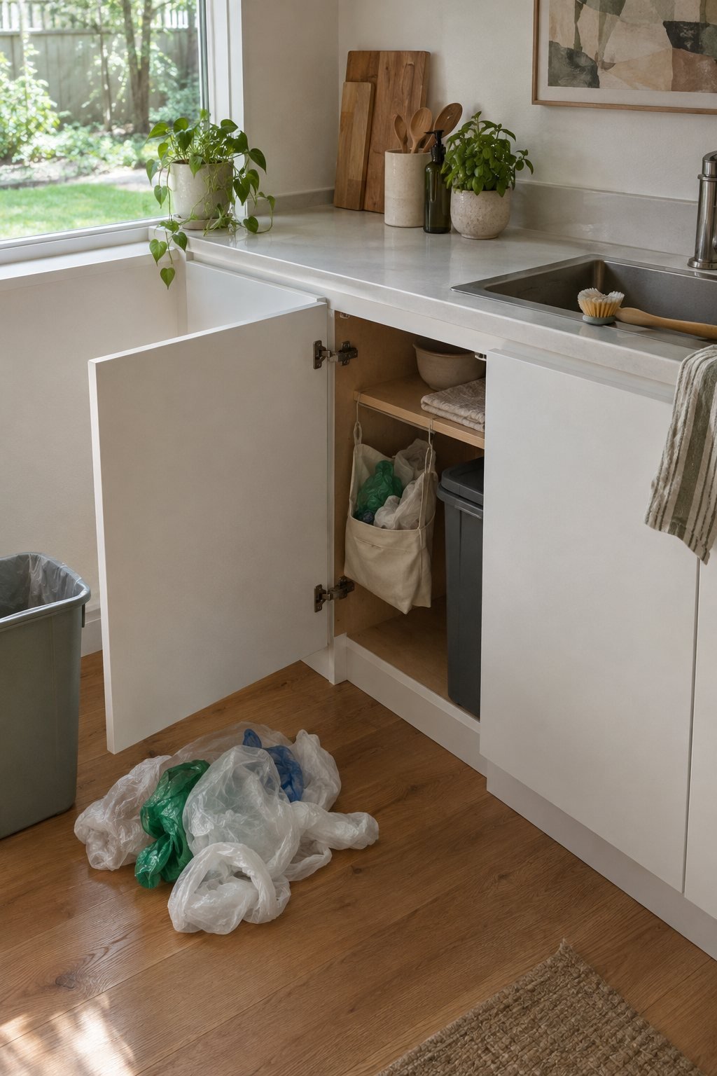 A kitchen cabinet door open with a small cloth pouch and a pile of loose bags set aside in soft window light