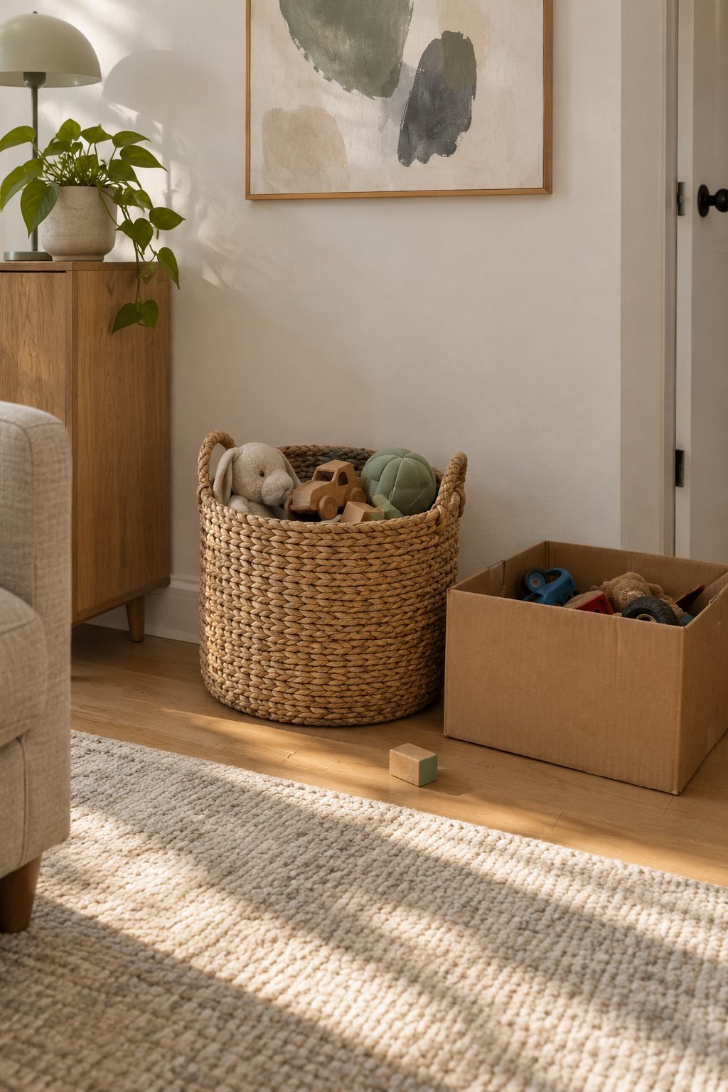 A living room corner with a woven basket holding a few toys and a donation box beside it in afternoon light