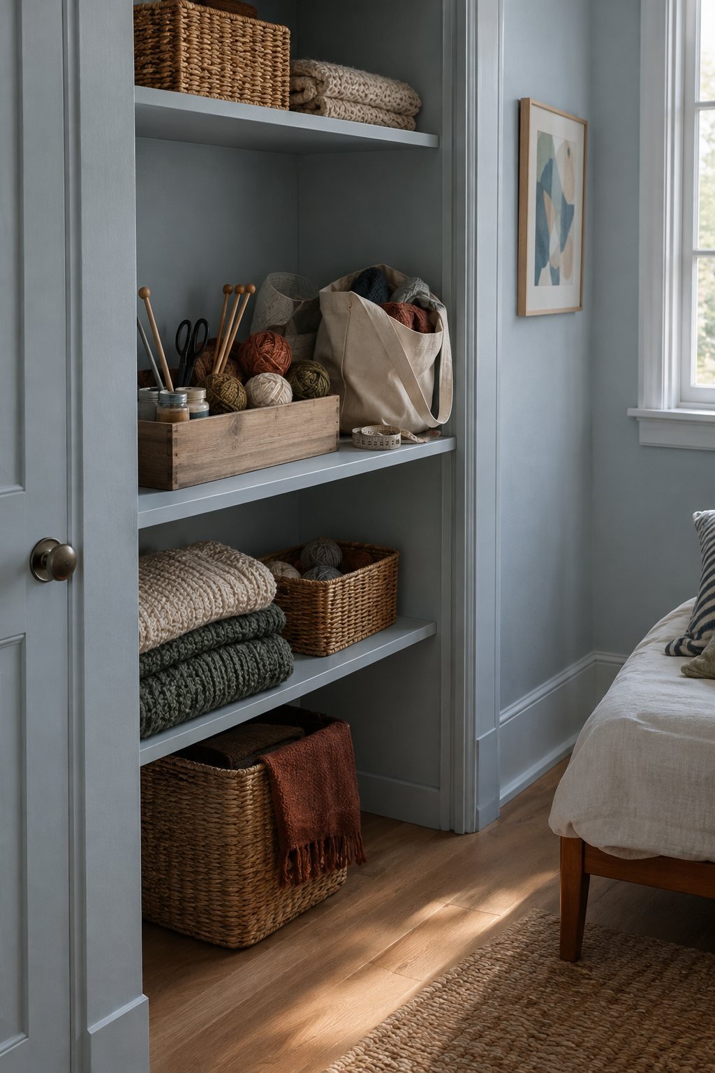 A small spare-room closet shelf with a box of craft supplies half packed into a donation tote in side light