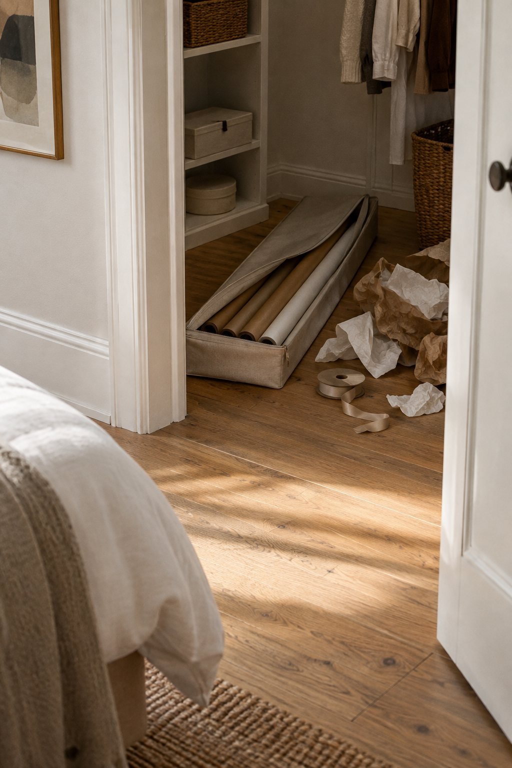 A closet floor with a soft beige gift wrap organizer holding neatly rolled paper and a pile of crumpled leftovers beside it in soft morning light