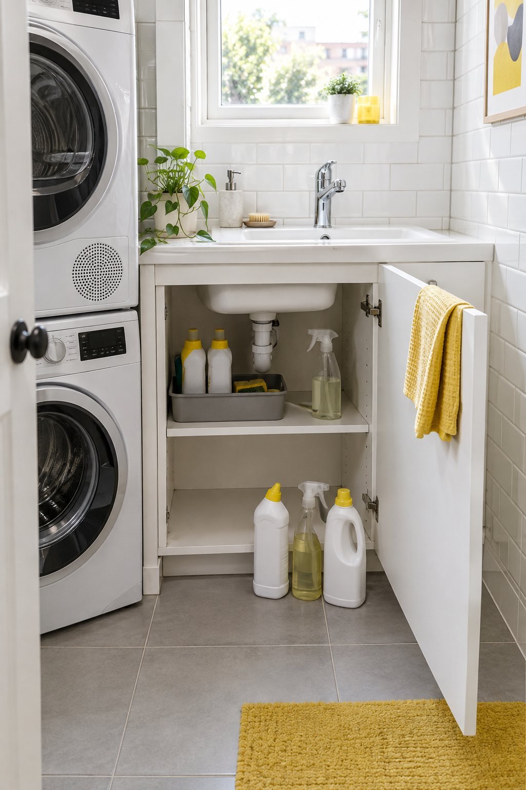 An under-sink cabinet in a laundry area with a few bottles pulled out and a tray for duplicates in bright light