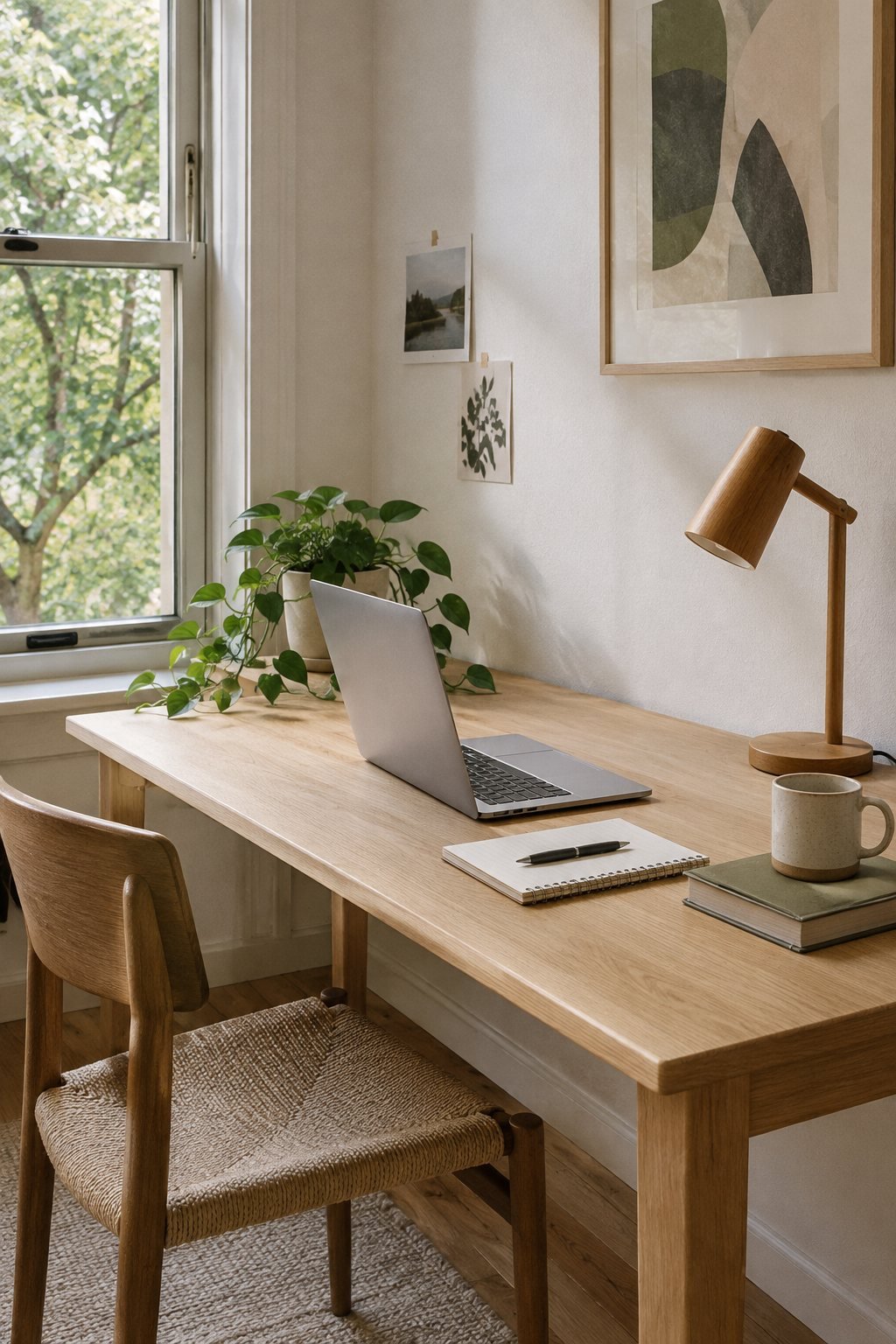 A desk with an open laptop, a notepad and a plant, the screen angled away so nothing is readable, in soft daylight